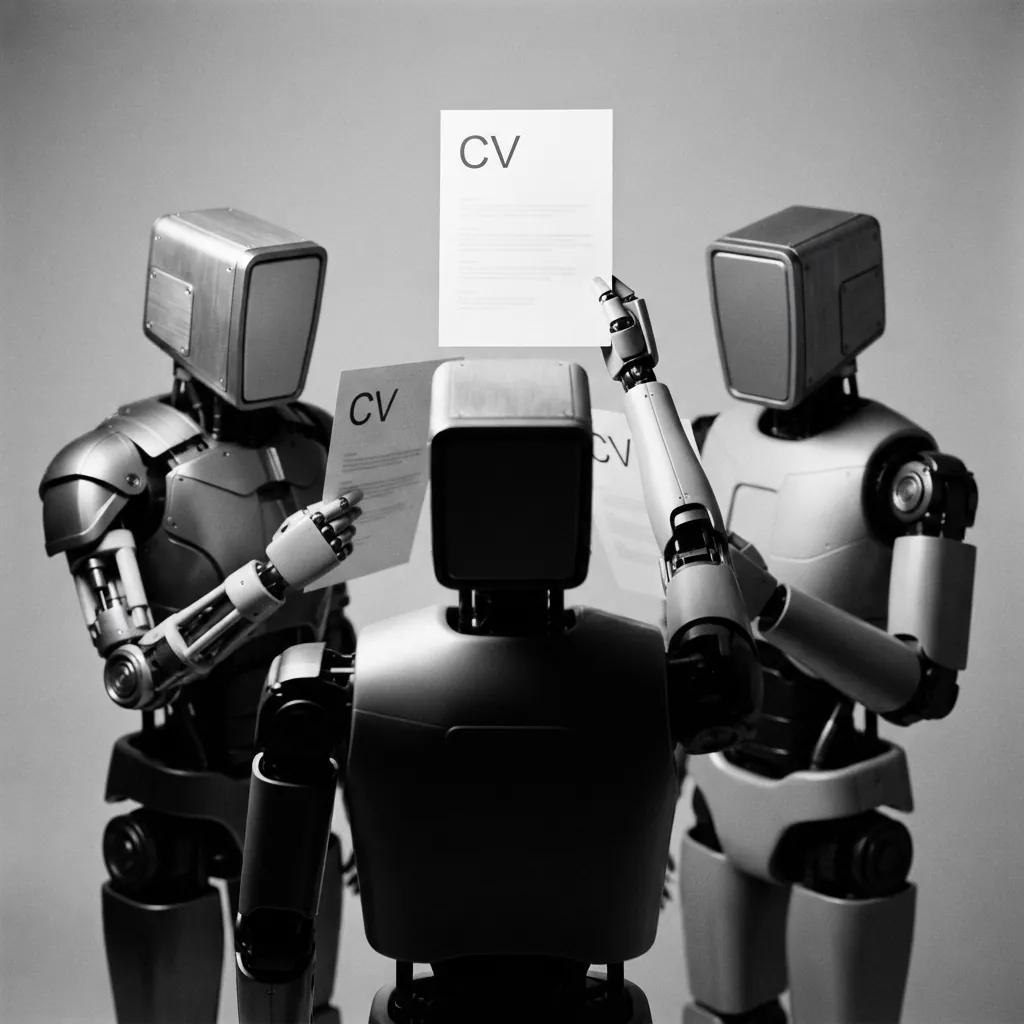 Trois robots humanoïdes de modèles différents, en noir et blanc, réunis en cercle autour du même CV : chacun tient sa propre copie de la feuille.